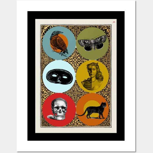 Halloween Signs and Portents Six Symbols - Black Cat, Skull, Mask, Memento Mori, Moth, Crow. Wall Art by SwagOMart